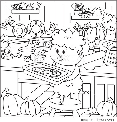 Coloring Page with Cute Sheep Cooking Pizza in Cozy Autumn Cottage 126857244