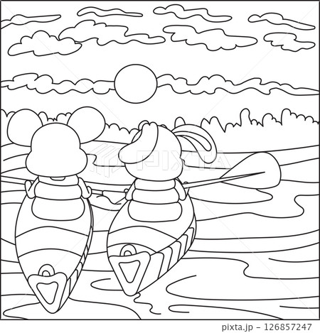 Cute Animal Friends Kayaking at Sunrise Coloring Page 126857247