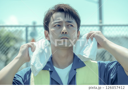 真夏の屋外作業中に汗を拭く作業員 真夏の屋外作業中に汗を拭く作業員 126857412