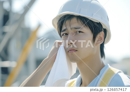 真夏の屋外作業中に汗を拭く作業員 126857417