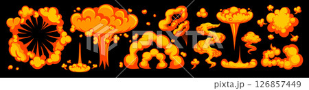Cartoon fire explosion with bomb blast, flame and smoke cloud effect on black background. Vector Comic explosion set. Great for games, motion effects, comics, and stickers 126857449