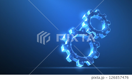 Gears. Abstract vector wireframe two gear 3d modern illustration on dark blue background. 126857476