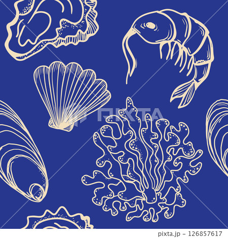 La dolce vita themed seamless pattern with Seafood. The Scallop, Shrimp, Coral, Oyster with hand drawn contour on blue background. Monochrome vector inspired by Summer Italian aesthetic. La dolce vita themed seamless pattern with Seafood. The Scallop, Shrimp, Coral, Oyster with hand drawn contour on blue background. Monochrome vector inspired by Summer Italian aesthetic. 126857617