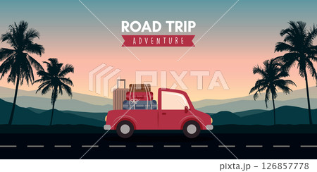 road trip adventure in the wilderness car on tropical landscape vector illustration 126857778
