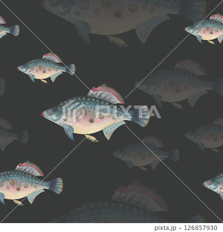 Fantasy fish seamless pattern on dark background. School of fish. Trout, perch, carp. Hand-painted watercolor illustration. Underwater ocean life. Perfect for textiles and stationary 126857930