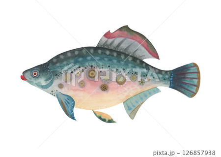 Fantasy fish watercolor illustration. Hand-painted magical creature with decorative textures and surreal patterns. Carp, trout, perch. Perfect for marine prints, souvenirs, or aquatic designs Fantasy fish watercolor illustration. Hand-painted magical creature with decorative textures and surreal patterns. Carp, trout, perch. Perfect for marine prints, souvenirs, or aquatic designs 126857938