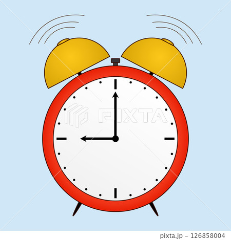 Illustration of a yellow ringing of red alarm clock with white ring mechanical dial showing 9 o clock - symbolizing school start time - on a light blue background. Ideal for back to school theme. Illustration of a yellow ringing of red alarm clock with white ring mechanical dial showing 9 o clock - symbolizing school start time - on a light blue background. Ideal for back to school theme. 126858004