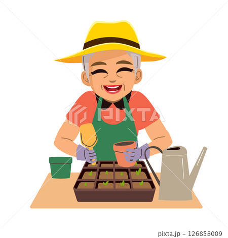 Senior Woman Planting Seeds Gardening Cartoon Vector Illustration 126858009