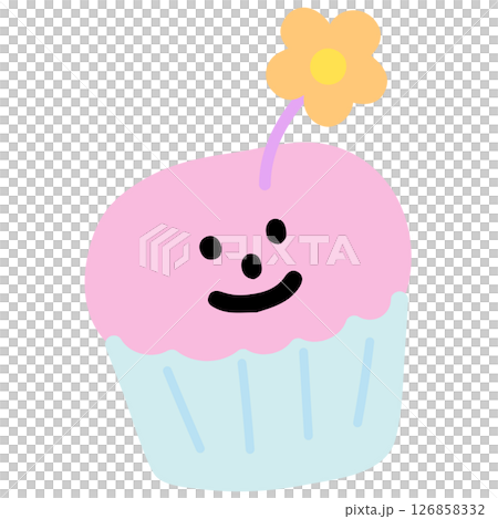 Illustration of cupcake with flower for patches, plush toy, sweet dessert, birthday card, food, cafe, restaurant, menu, recipe, baking book, print, bakery, pastry, birthday cake, celebration, party 126858332