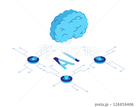 Isometric artificial intelligence icon. Digital robots technology. Ai technology web banner element. Deep learning machine, digital concept. Isolated vector illustration 126858406