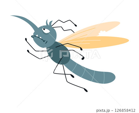 Cartoon mosquito, funny character. Bloodsucker insect, color flat icon. Cute mosquito isolated vector illustration 126858412