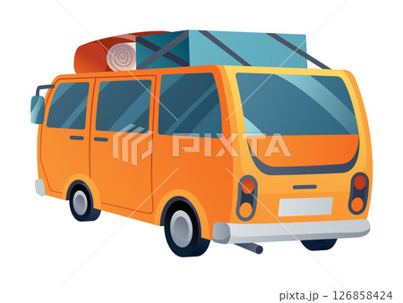 Road trip vacation, travel by car. Driving on way for camping in nature. Summer holiday adventure. Flat vector illustration 126858424