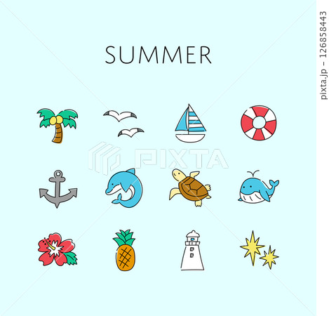 夏の手描きイラストセットのイラスト素材 [126858443] - PIXTA