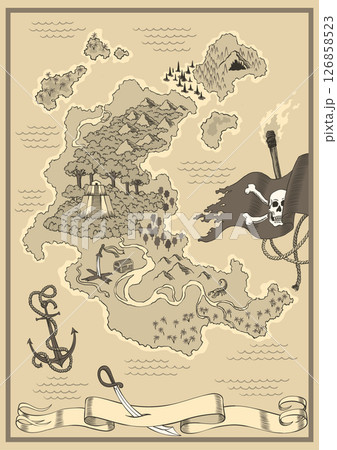 Old antique treasure map. Cartoon island map template for next level game - adventures quest or treasure hunt. Pirate grunge map. Hand drawn vintage vector illustration 126858523