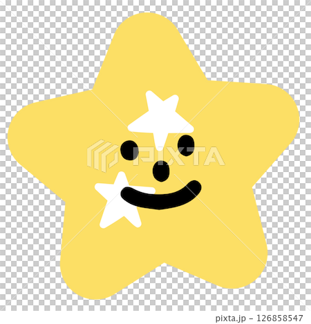 Illustration of smiling star png for decoration, cartoon character, comic, mascot, sky elements, plush toy, kid doll, sticker, cute patch, badge, brooch, shirt print, icon, logo, tattoo 126858547