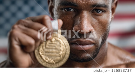 Male Boxer Holding Gold Medal with Flag 126858737
