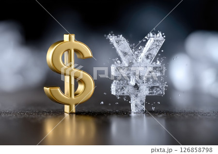 Shiny Dollar and Icy Yen Symbol Side by Side Shiny Dollar and Icy Yen Symbol Side by Side 126858798