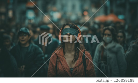 Blindfolded Woman Wearing Headphones Amidst Urban Crowd in City Street Blindfolded Woman Wearing Headphones Amidst Urban Crowd in City Street 126859189