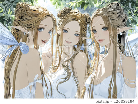 森を散歩するピクシー妖精三姉妹のイラスト素材 126859194