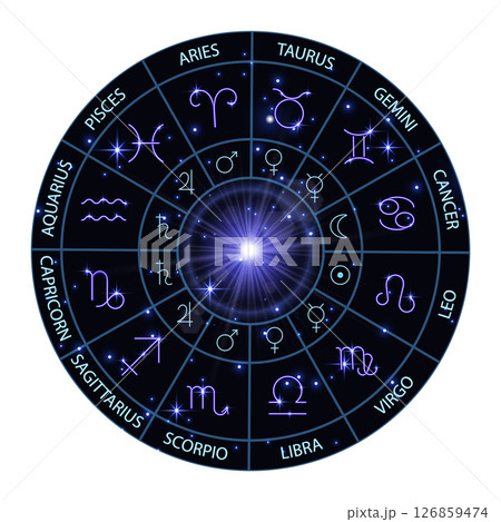 Wheel of twelve signs and zodiac symbol, horoscope, astrology, fortune telling, neon glow, bright translucent background, illustration. 126859474