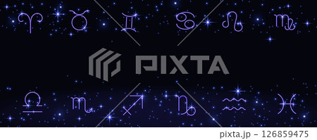 Banner of twelve signs and zodiac symbol, horoscope, astrology, fortune telling, neon glow, bright translucent background, illustration. 126859475