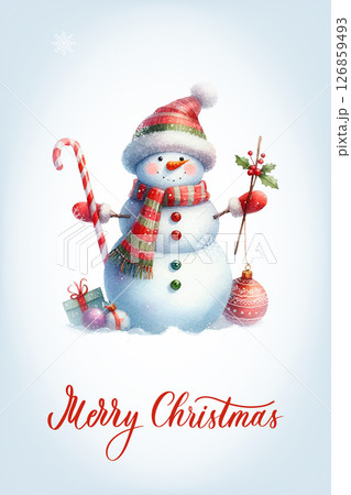 Snowman with a happy expression, rosy cheeks, carrot nose and knitted red and white striped scarf. Greeting card with calligraphic inscription Merry Christmas. 126859493