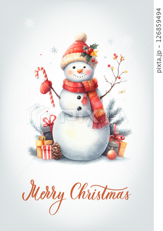 Snowman with a happy expression, rosy cheeks, carrot nose and knitted red and white striped scarf. Greeting card with calligraphic inscription Merry Christmas. 126859494
