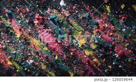 Abstract Splatter Art in Vibrant Colors on a Dark Background 126859644