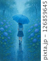 雨の中紫陽花通りを歩くセーラー服の女の子 126859645