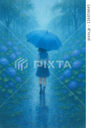 雨の中紫陽花通りを歩くセーラー服の女の子 126859645
