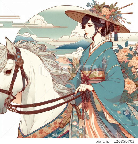 馬に乗る日本人女性のイラスト 126859703