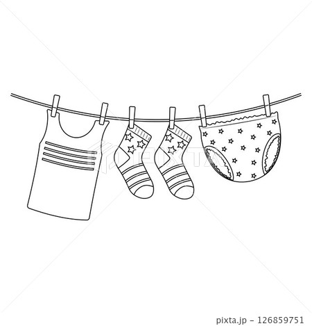 Wet children's clothes are drying, hung on a clothesline, black outline Wet children's clothes are drying, hung on a clothesline, black outline 126859751