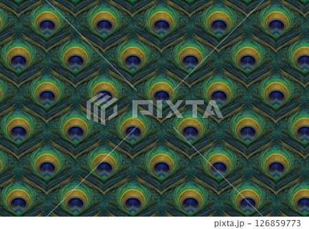 Seamless elegant pattern of peacock feathers with iridescent glowing eyespots in natural hues 126859773