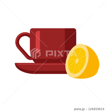 Red cup of coffee or tea with half a lemon next to it. Vector illustration. Flat style. Suitable for cafe design, posters, banners, postcards, kitchen textiles. 126859814