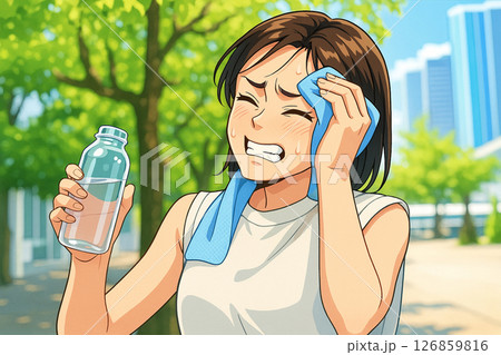 汗をふきながら水分補給をする女性 126859816