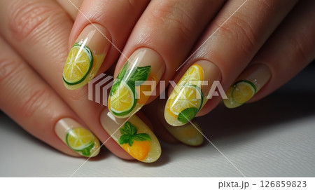 Creative nail art featuring vibrant lemon and lime designs on manicured hands 126859823