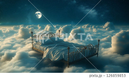 Dreamlike bed floating on clouds under a full moon at night 126859853