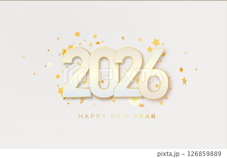 2026 gold metal number for New Year . Festive Christmas banner with falling confetti on bright background. Realistic Golden 3d number. Vector 126859889