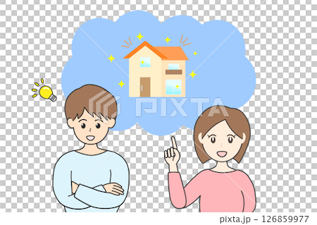 Illustration of buying a house. A young couple, a woman pointing up and a man with his arms folded, having an idea 126859977