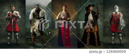 Banner. Composite collage. Group of warriors and knights from medieval fantasy in stands heroic poses. Concept of power, unity Banner. Composite collage. Group of warriors and knights from medieval fantasy in stands heroic poses. Concept of power, unity 126860009