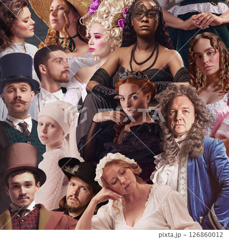 Handmade collage. Large group of historical characters in stylized retro outfits posing together. Wallpaper Handmade collage. Large group of historical characters in stylized retro outfits posing together. Wallpaper 126860012