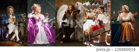 Composite collage. Five eccentric characters from various epochs enjoying drinks in iconic outfits against vintage background 126860014