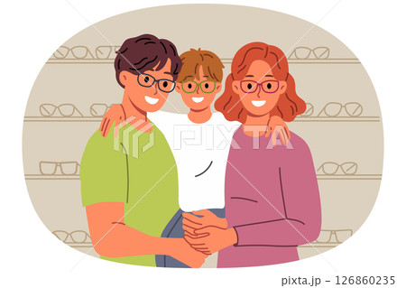Family chooses new glasses for son, standing in ophthalmological store with happy boy in arms 126860235