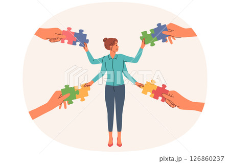 Woman office manager works in multitasking mode, connecting puzzle pieces given by colleagues 126860237