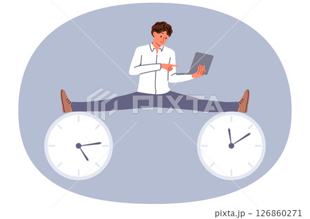 Business man with laptop enjoying flexible work schedule, does splits at clock symbolizing deadlines 126860271