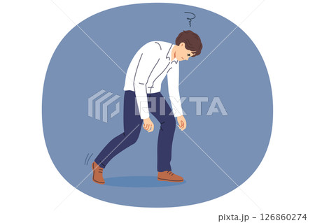 Tired man bends over and closes eyes due to exhaustion caused by overwork and overload Tired man bends over and closes eyes due to exhaustion caused by overwork and overload 126860274