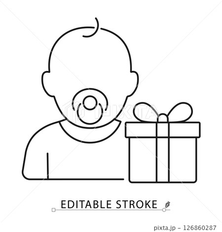 Baby icon with pacifier and gift box in minimal black outline style on white background. Editable stroke vector for baby shower, newborn celebration, birthday or family event. Concept: baby gift. 126860287