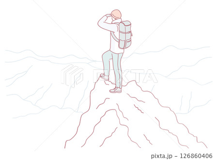 An adventurous explorer stands on a high peak, gazing at a vast and beautiful landscape 126860406