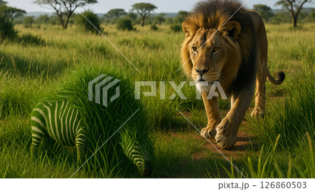 見破れるか!?草に擬態したシマウマを鋭く見つめるライオン 見破れるか!?草に擬態したシマウマを鋭く見つめるライオン 126860503