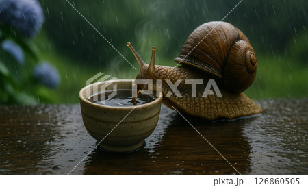 梅雨につゆでひと息!?カタツムリのくつろぎ時間 梅雨につゆでひと息!?カタツムリのくつろぎ時間 126860505